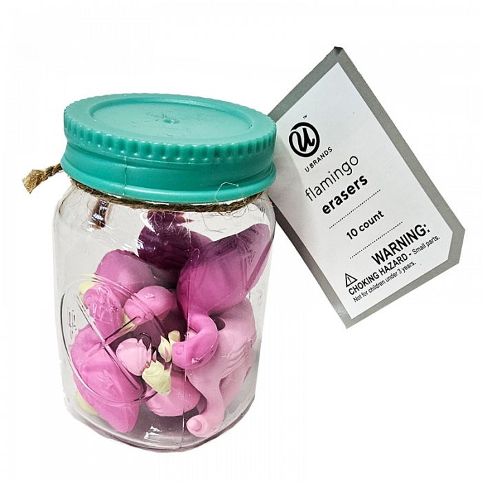U Brands 10count Flamingo Erasers in Plastic Mason Jar