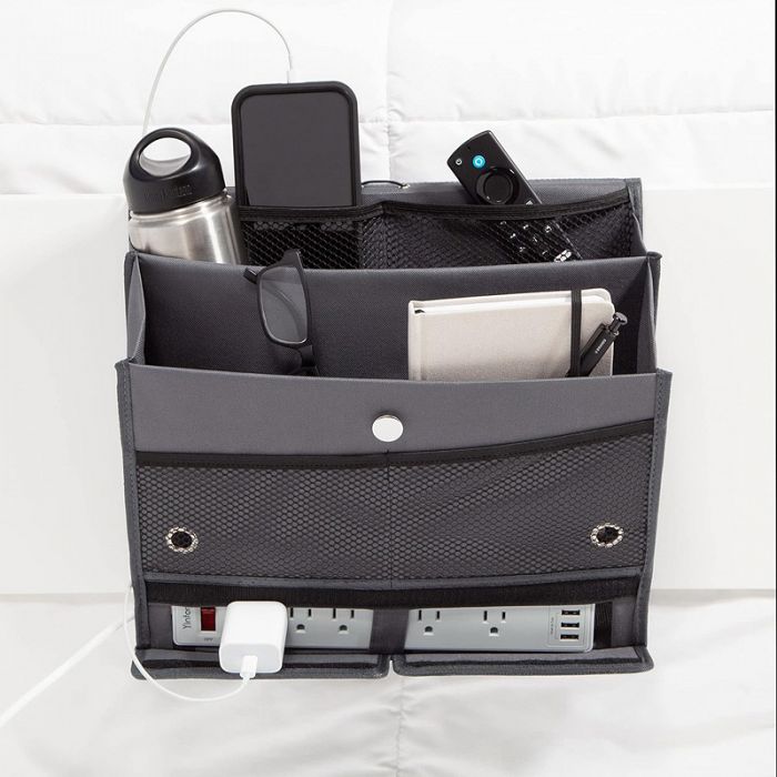 U Brands Grey Bedside Caddy 7Storage Pockets with Power Bar Strip Compartment
