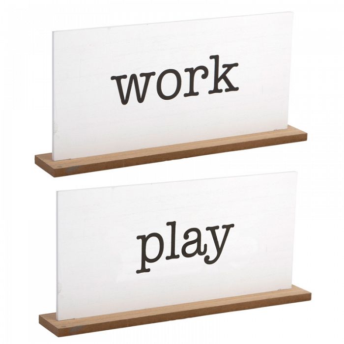 Work / Play 2-Sided White Desktop Sign Rustic Distressed Finish