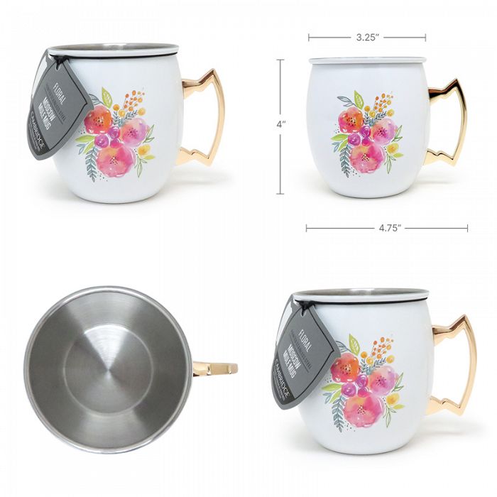 2Piece 20oz Moscow Mule Mug White Finish with Floral Emblem SHIPPING INCLUDED