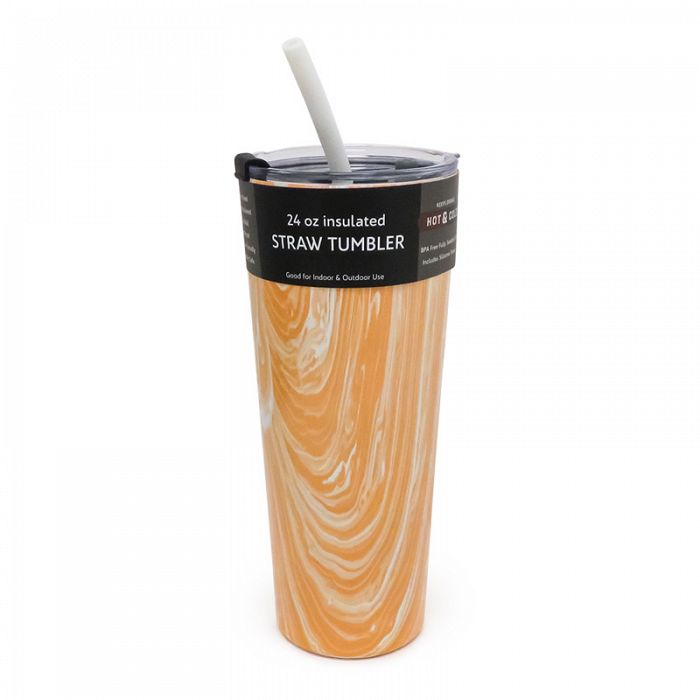 24oz Insulated Tumbler with Silicone Straw Bright Orange Marble Finish