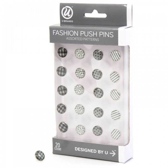 U Brands 20count Assorted Pattern Fashion Steel Push Pins Standard Size